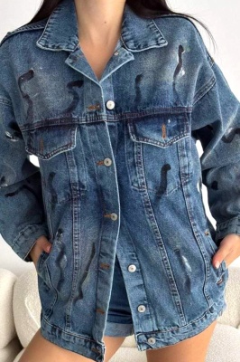 Jacheta dama Graphic Denim, aspect vopsit si buzunare, Albastru inchis