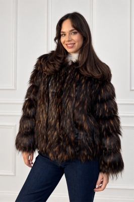 Jacheta dama SORELLA din blana sintetica, cu insertii de piele si inchidere cu fermoar, Negru/Maro