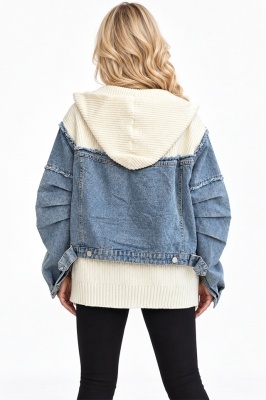 Jacheta tricotata LUREIA, cu insertii denim si gluga, Alb unt, Marime S/M/L, detaliu spate