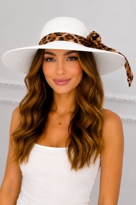 Palarie de plaja, pentru femei, ANGIE, cu boruri mari, ALB Animal print
