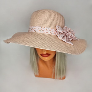 Palarie de plaja Ribbon Flower, din paie, panglica cu imprimeu floral si floare decorativa 1