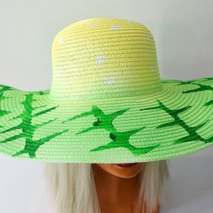 Palarie de soare SeaSide Style, cu imprimeu estival si bor lat, Verde/Galben detaliu