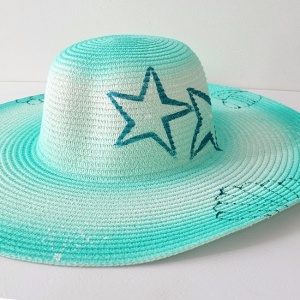 Palarie de soare SeaSide Style, cu imprimeu estival si bor lat, Turquoise detaliu