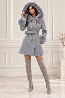 Palton elegant de iarnă cu blană ecologică detașabilă, gri