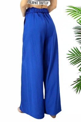 Pantaloni casual DIAFAN, croi lejer wide leg si curea decorativa, Albastru, Marime S/M/L spate