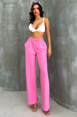 Pantaloni casual HIKE Glow, cu aplicatii tip strasuri si snur in talie, Roz 3