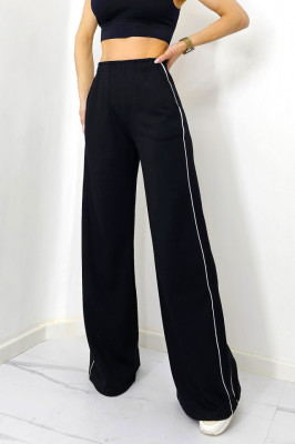 Pantaloni casual Sabyna, cu dungi laterale si croiala wide leg, Negru
