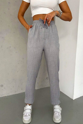Pantaloni cu in, Darys, croiala casual si detaliu plisat la baza piciorului, Gri 3