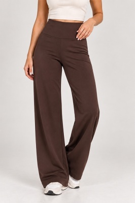 Pantaloni dama lycra OISO cu talie inalta, croi larg si banda lata, Maro