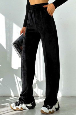 Pantaloni de catifea Touch, croiala lejera cu dunga pe picior, Negru 1