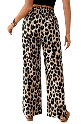 Pantaloni de vara animal print OGHY, cu snur si banda elastica in talie, Bej verso