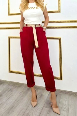 pantaloni rosii de dama cu bumbac,  design modern si curea