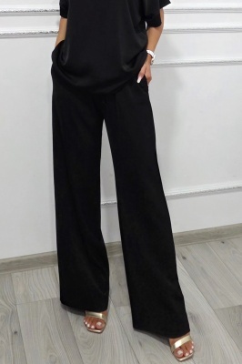 Pantaloni lungi vaporosi LYRA, croi larg cu banda elastica, Negru