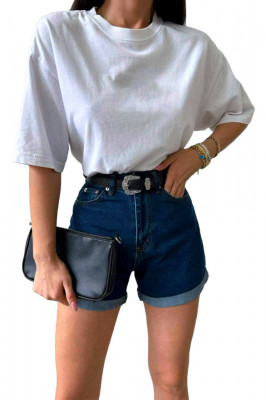 Pantaloni scurti de blugi Mika, cu manseta, croiala mom slimfit si buzunare practice, Albastru inchis 2