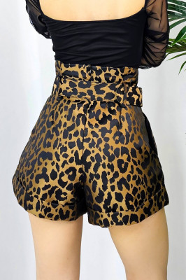 Pantaloni scurti Emilian, cu talie inalta paper bag si curea asortata, Animal print2