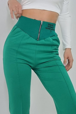 Pantaloni sport Bloston, cu talie inalta si corset, Verde5