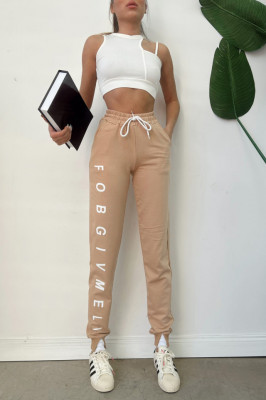 Pantaloni sport FOB, din bumbac, mansete elastice cu taieturi stilizate la extremitati, Crem1