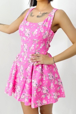 Rochie babydoll MARA, cu funda la spate si imprimeu floral, Roz, Marime S/M/L 5