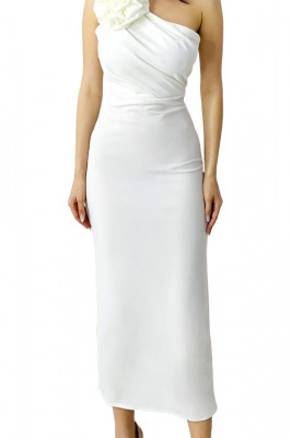 Rochie bandage de seara, ILona, cu detaliu floral detasabil, Alb, Marime S/M 2