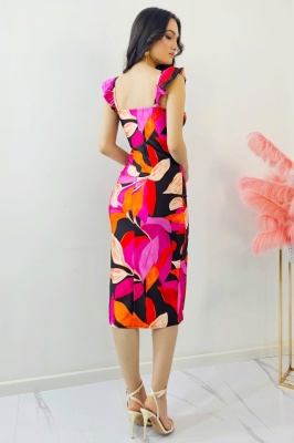 Rochie bodycon Ditsy, sliț adanc si imprimeu floral, Negru/Fucsia, Marime S/M spate