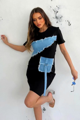 Rochie casual Nymar, cu detalii din denim si maneca scurta, Negru 1
