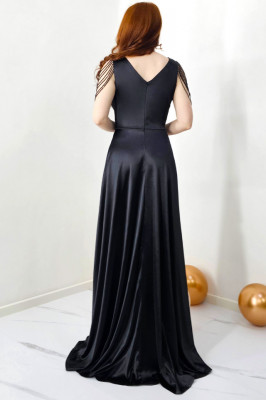 Rochie de ocazie Leontina, cu textura satinata si cristale artizanale, Negru spate
