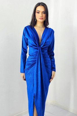 Rochie de ocazie Odette, cu crapatura medie si decolteu adanc, Albastru, Marime M/L 1