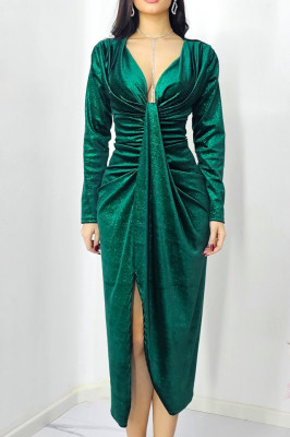 Rochie de ocazie Odette, cu crapatura medie si decolteu adanc, Verde, Marime M/L 2