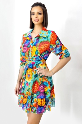 Rochie de vara Kasiana, cu maneca trei sferturi si imprimeu floral, Turquoise Dahlia, Marime S/M/L 2