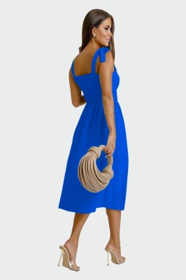 Rochie de vara MYA Masha, cu bretele legate funda si imprimeu uni, Albastru, Marime S/M spate