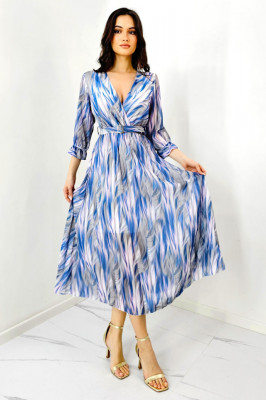 Rochie de zi Fatima, croiala plisata si imprimeu pastelat, Bleumarin, Marime S/M 3