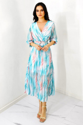 Rochie de zi Fatima, croiala plisata si imprimeu pastelat, Turquoise, Marime S/M 1