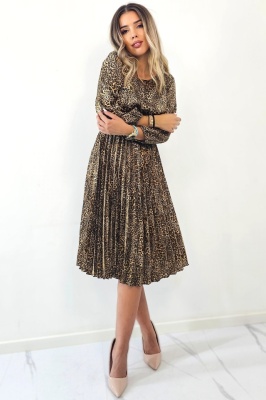 Rochie de zi plisata LUSINDA, cu animal print si curea, Leopard, Marime S/M 1