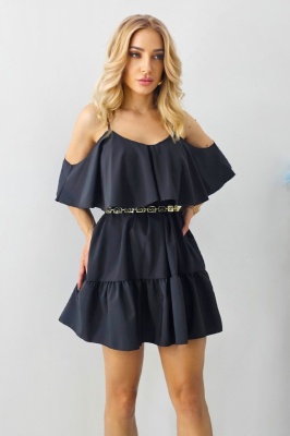 Rochie de zi StefANA, croiala scurta, decupata, cu volane, Negru, Marime S/M/L 3