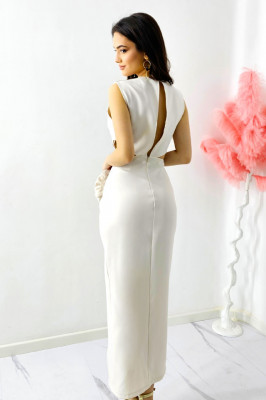 Rochie decupata Florys, croi lung cu slit si detaliu floral detasabil, Alb, Marime M/L 4