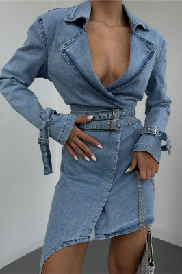 Rochie denim MEDDA, cu lungime asimetrica si curele, Albastru 1