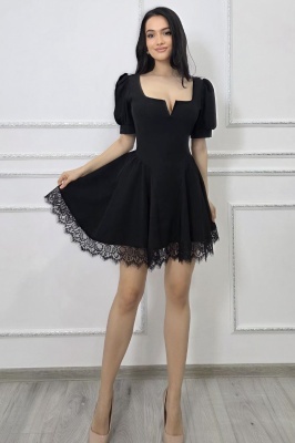 Rochie eleganta babydoll Amandine, cu spatele gol si cordon, Negru, Marime S/M