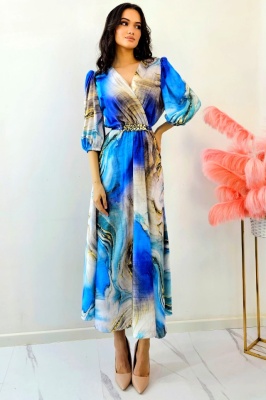 Rochie evazata LORY, cu imprimeu royal si curea metalica, Gold Blue 2
