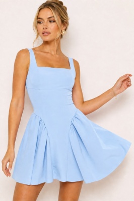 Rochie lejera de vara MARA, croiala babydoll si funda spate, BLEU, Marime S/M/L