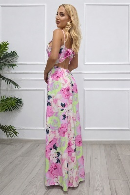 Rochie lunga Camelea cu imprimeu floral si spate gol roz