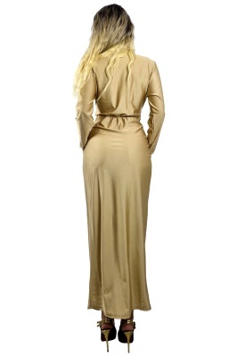 Rochie lunga Nefertiti, cu fronseuri asimetrice si detalii metalice, Auriu, Marime S/M