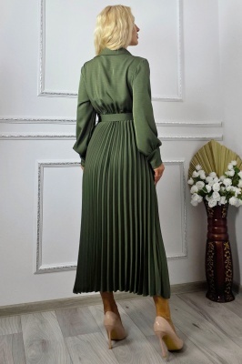 Rochie lunga plisata NOVARA, efect petrecut si revere, Verde Olive detaliu spate