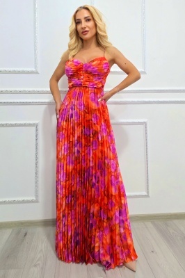 Rochie lunga plisata NYSA, cupe buretate si legare spate, Orange Hortensia, Marime S/M