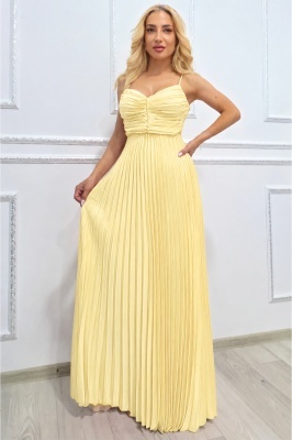 Rochie lunga plisata NYSA UNI, cu legare la spate, Galben, Marime S/M