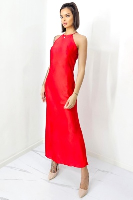 Rochie lunga satinata Priscilla, cu spatele gol si croiala halter, Rosu, Marime S/M 3
