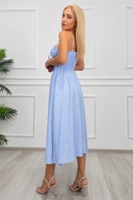 Rochie midi ARIELLA bleu cu bretele reglabile și textură crinkle vedere față