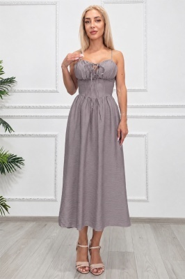 Rochie midi Ariella, cu bretele reglabile si tesatura crinkle, Gri Cappuccino, Marime S/M