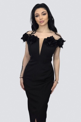 rochie neagra eleganta off shoulder cu slit frontal feminin