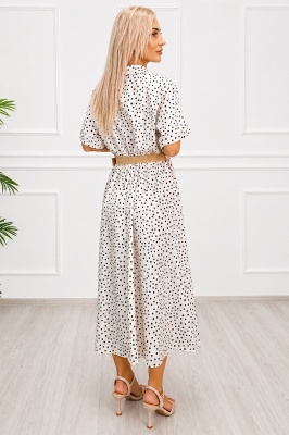 Rochie midi cu buline și curea împletită EVELISSE pentru birou și oraș crem