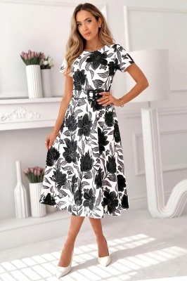 Rochie Nayla de zi, cu imprimeu floral si curea, Negru, Marime S/M